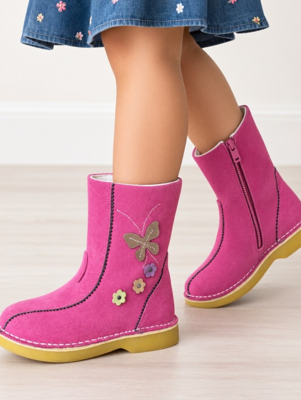 L'Amour Fiore Tall Suede Hot Pink Boots Applique Flowers Zipper Girl